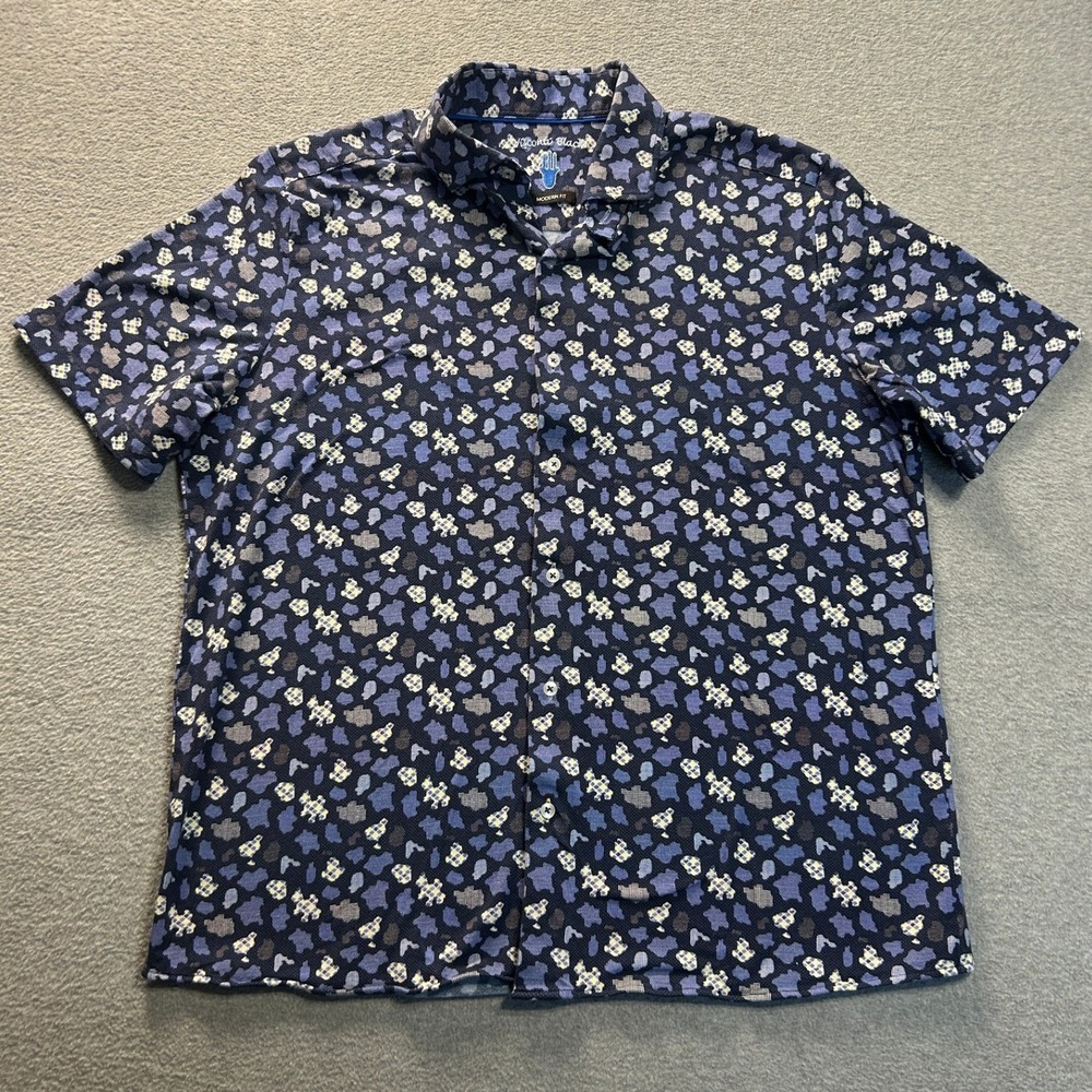 Visconti Black Button Up Shirt Mens Medium Navy Floral Hamsa Print Modern Fit